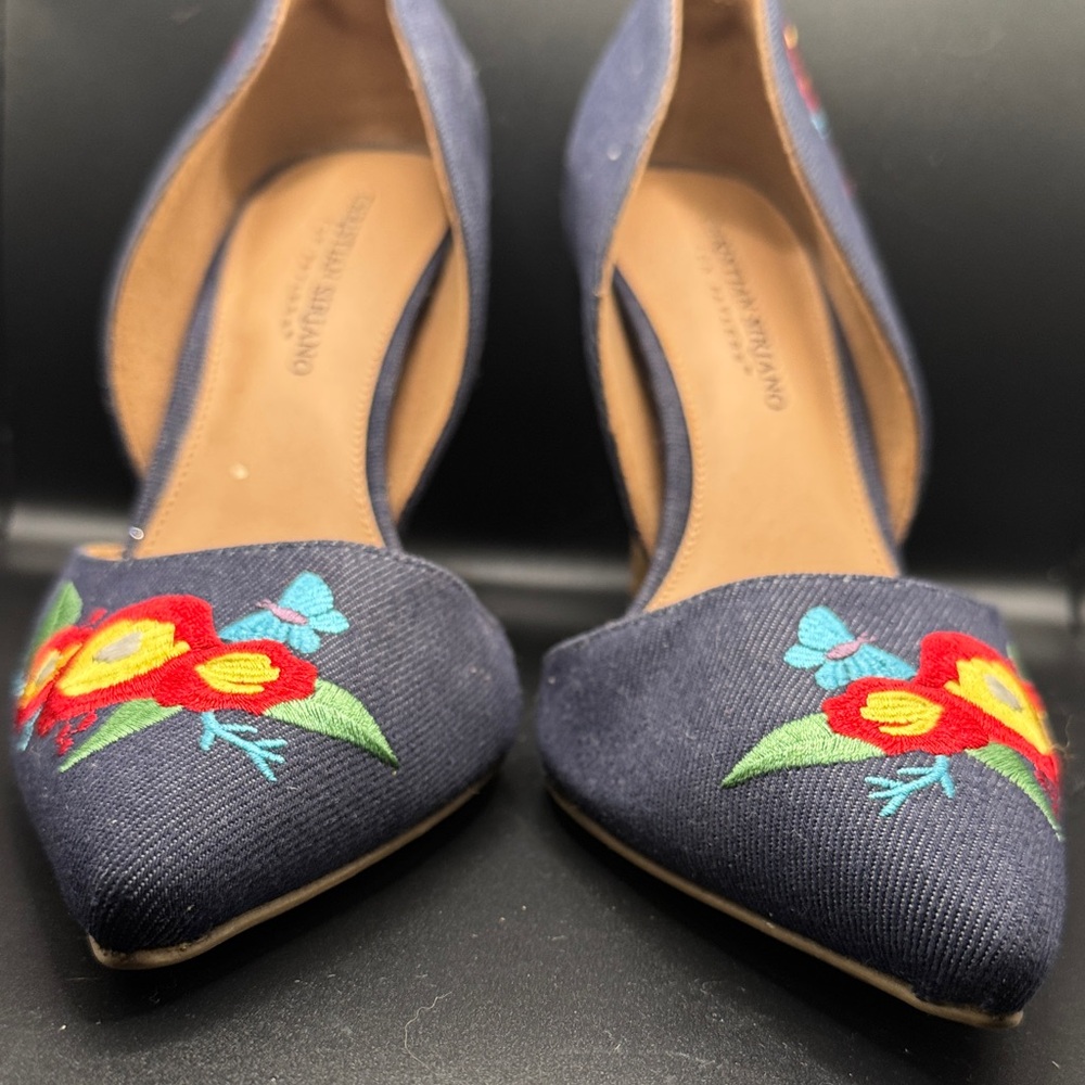 Christian Siriano Navy Heels with Floral Embroidery
